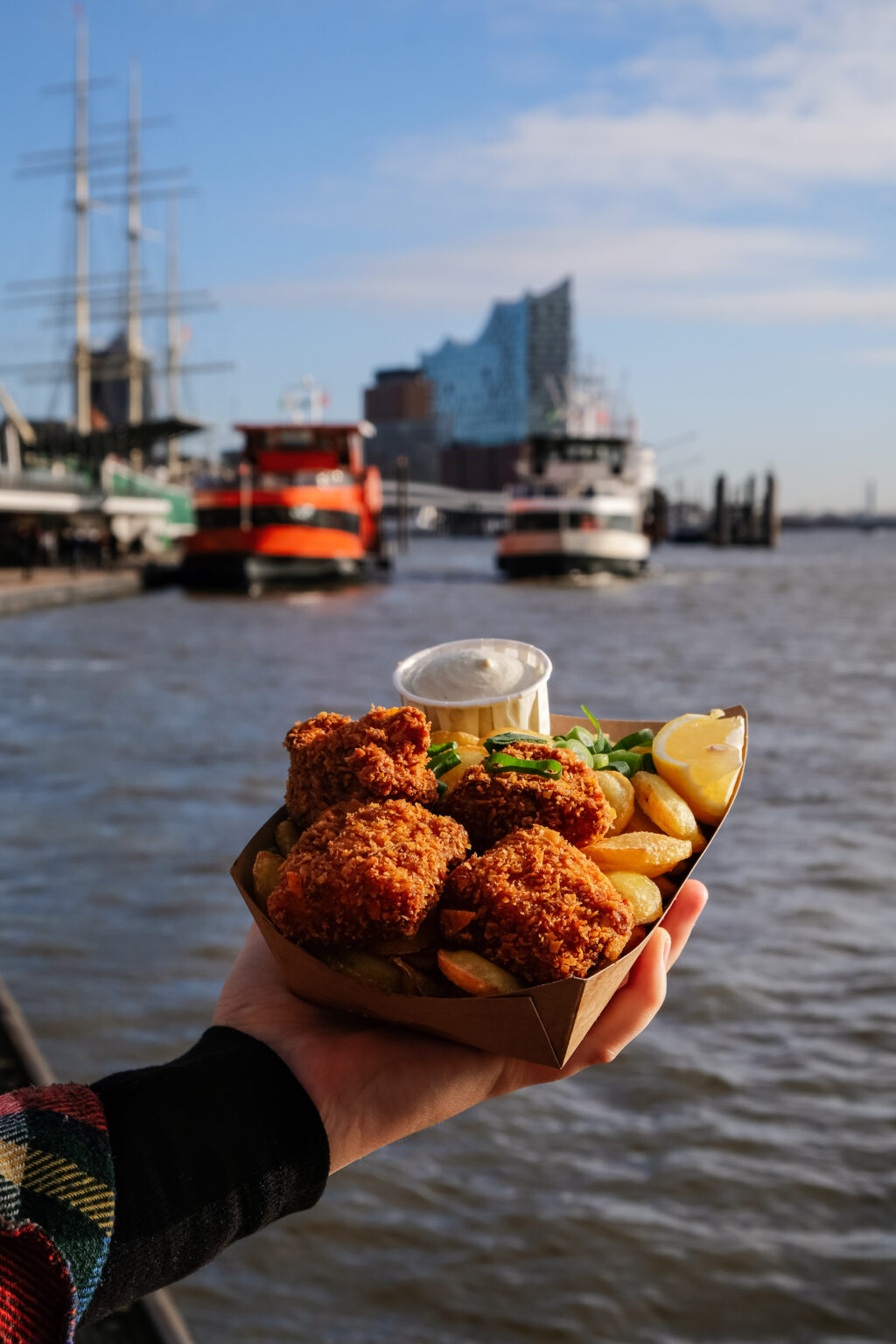 Fish and Chips Tüte veim Underdocks mit dem Hafen im Hintergrund