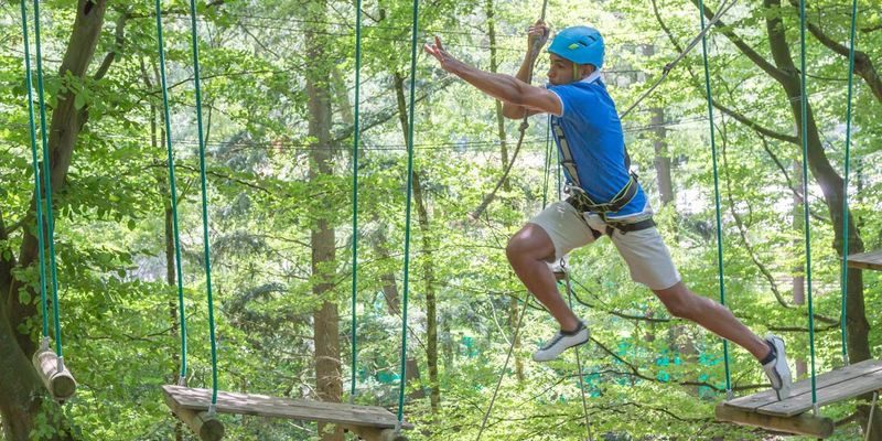 Kletterwald in Hamburg: Person, die sich durch die Bäume schwingt