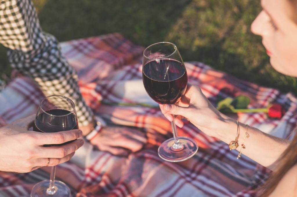 Picknick in Hamburg: Picknickdecke mit einem Pärchen, das Wein trinkt