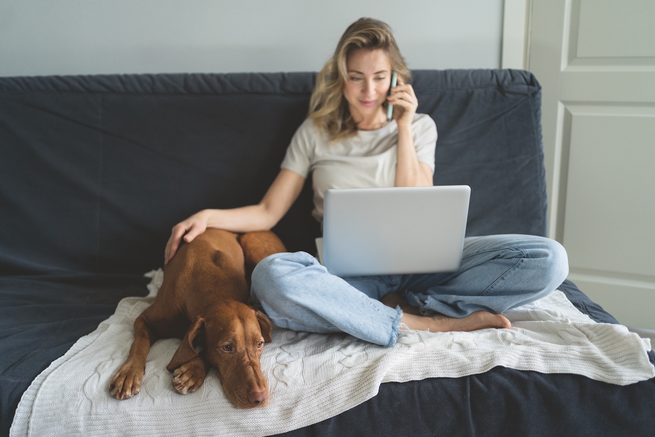 Frau mit Hund und Laptop auf dem Sofa