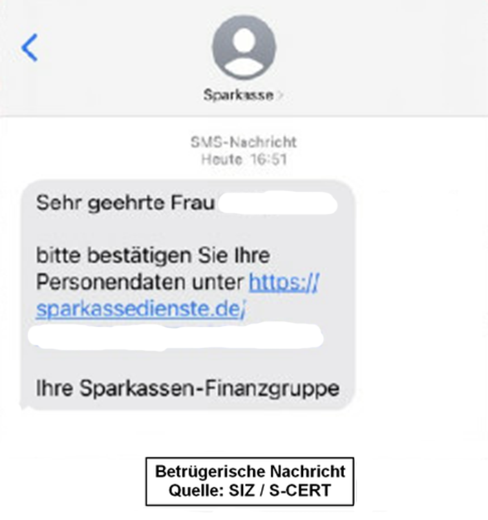 Betrugsmasche gefälschte SMS: Anforderung von Personaldaten