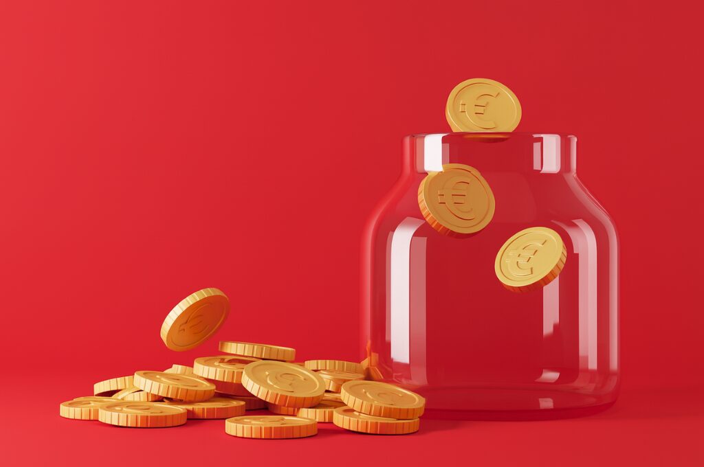 50-30-20-Regel, Bild von Sparglas mit Euromünzen, KI generiert