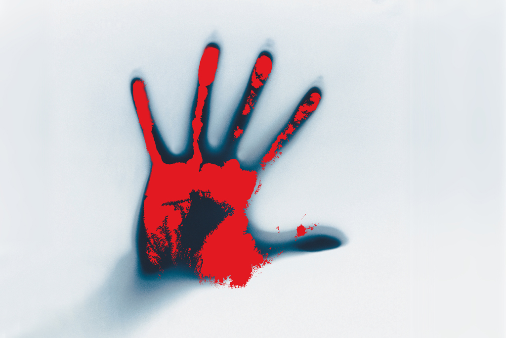 Krimifestival Hamburg: Blutrote Hand vor weißem Hintergrund
