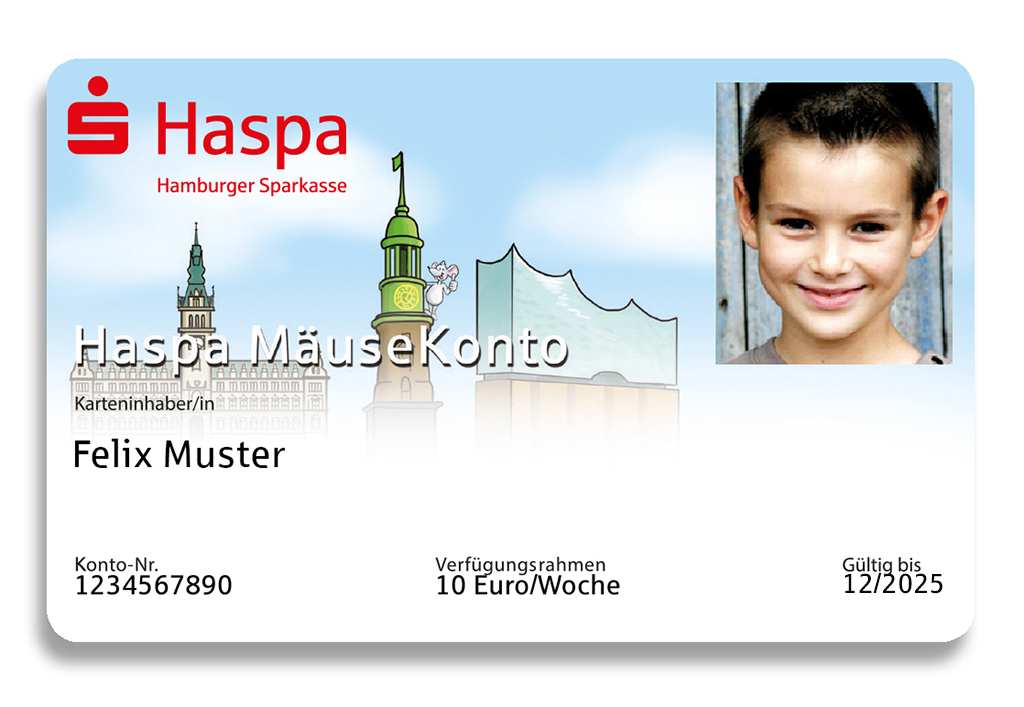 Weltspartag - Weltsparwochen - Kinderkonto: Kontokarte für das Mäusekonto der Haspa mit Foto einer Jungen.