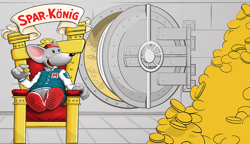 Weltspartag - Weltsparwochen - Kinderkonto: Zeichnung des Haspa-Maskottchen "Manni, die Maus" vor einem gefüllten Tresor und einem Haufen goldener Münzen. Die Maus in College-Jacke sitzt auf einem Thron, über dem Sparkönig steht.