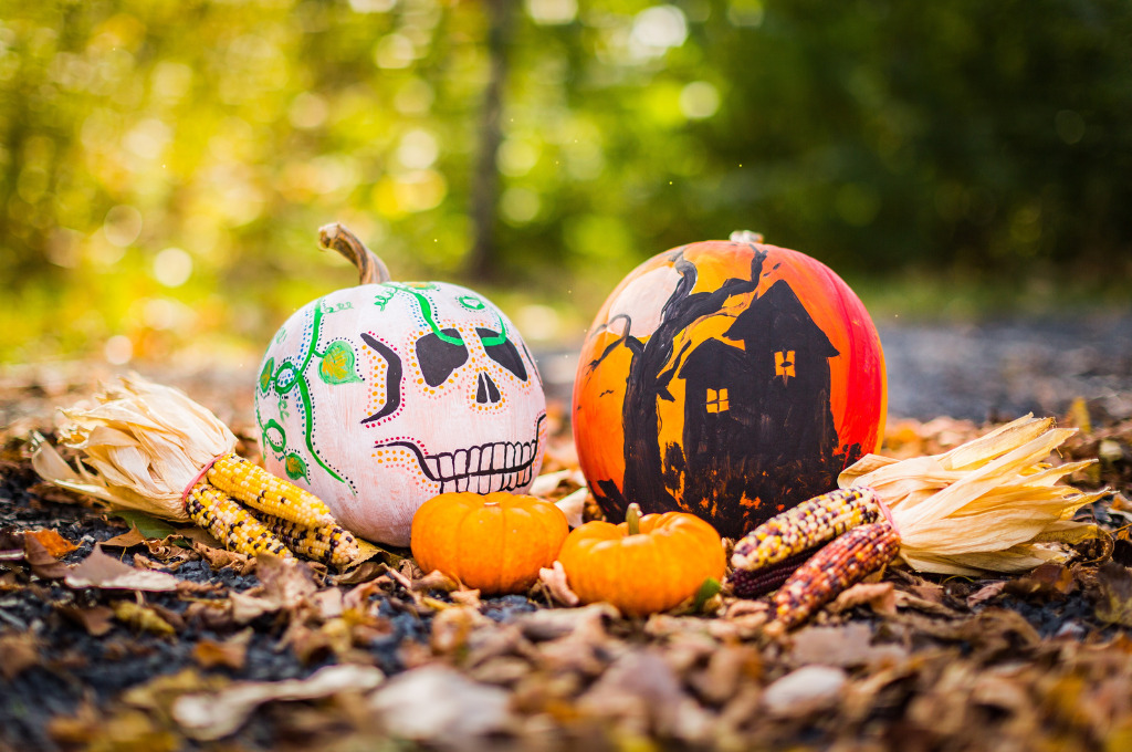 Halloween in Hamburg, zwei bemalte Kürbisse