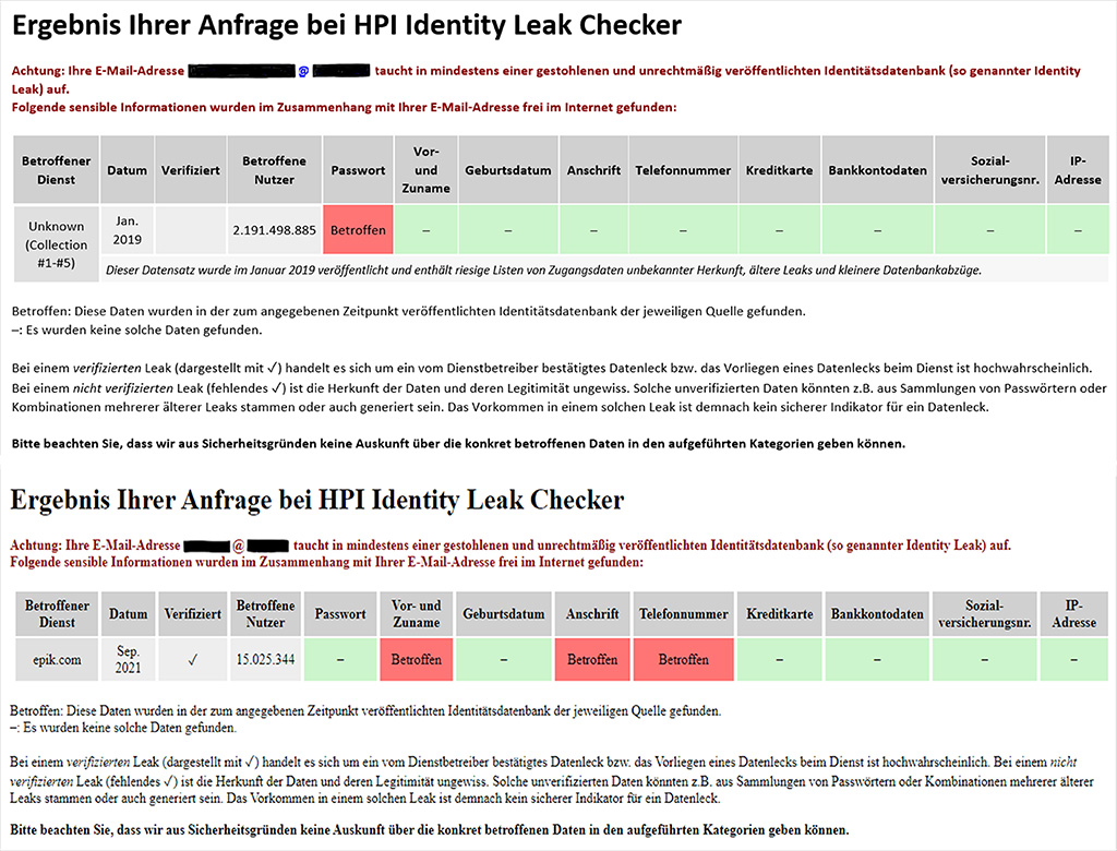 Identitätsmissbrauch Datendiebstahl: Tabellen des HPI Identity Leak Checker, die zeigen, ob und wann Daten zu einem E-Mail-Account gestohlen und illegal veröffentlicht wurden.