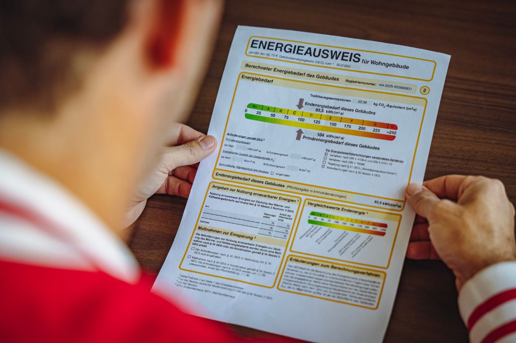 Mann mit roter Jacke hält Energieausweis in der Hand