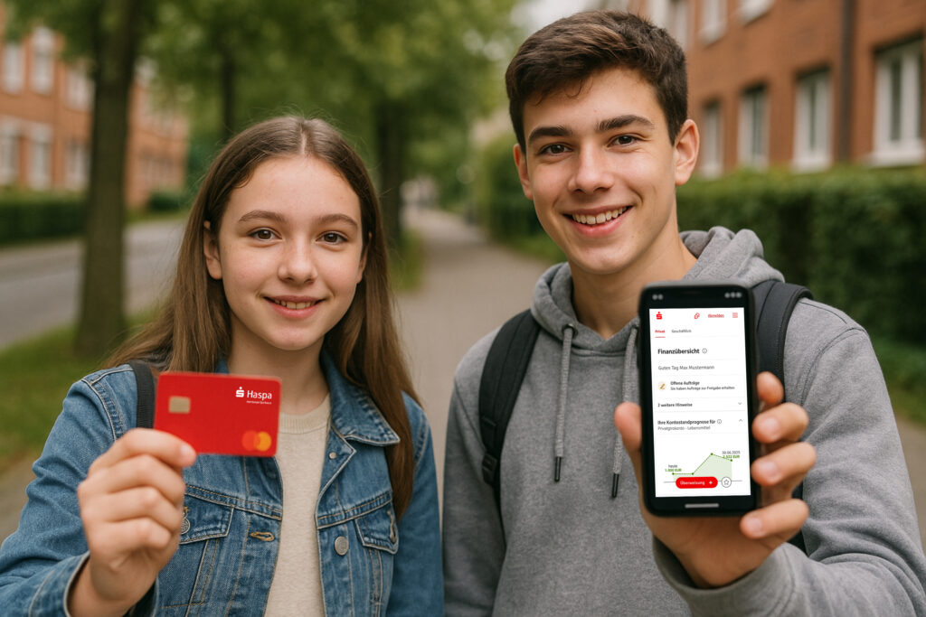 Schüler als Finanzagenten: Ein Mädchen (ca. 14 Jahre alt) und ein Junge (ca. 16 Jahre alt) stehen an einer Straßen mit Bäumen. und Mehrfamilienhäusern aus rotem Backstein. Das Mädchen hält eine Haspa-Bankkarte in die Kamera, der Junge ein Smartphone mit einer Seite des Haspa-OnlineBankings.