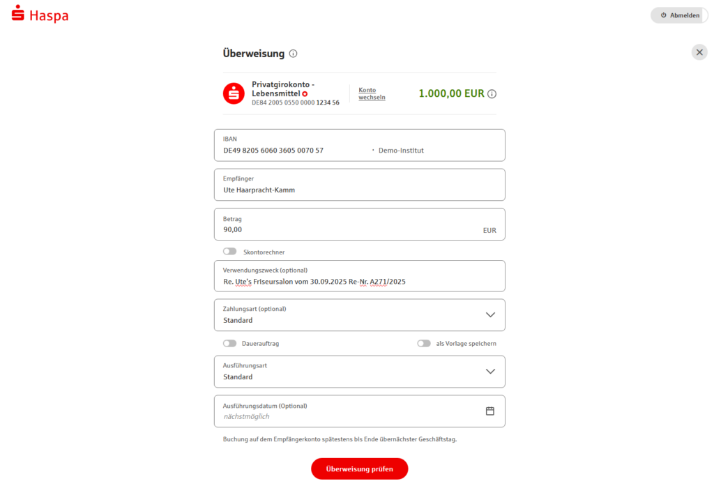 Verification of Payee, Beispiel Überweisung