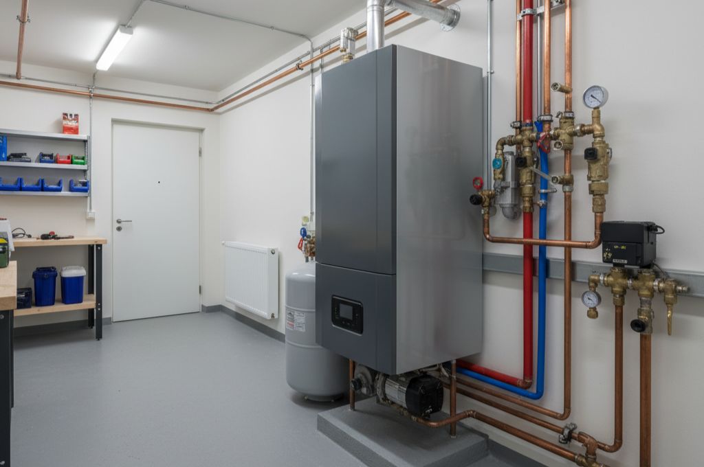 Heizkessel im Heizungsraum mit Rohren (KI-generiert)