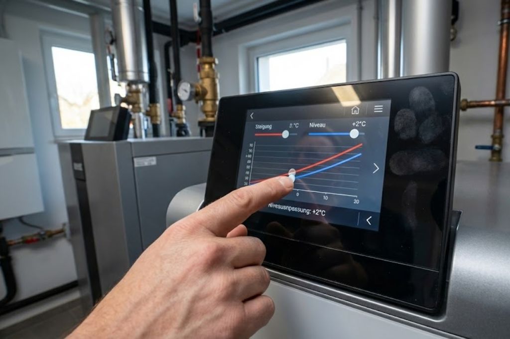 Heizkurve einstellen: Hand stellt an Heizungsdisplay die Heizkurve ein.