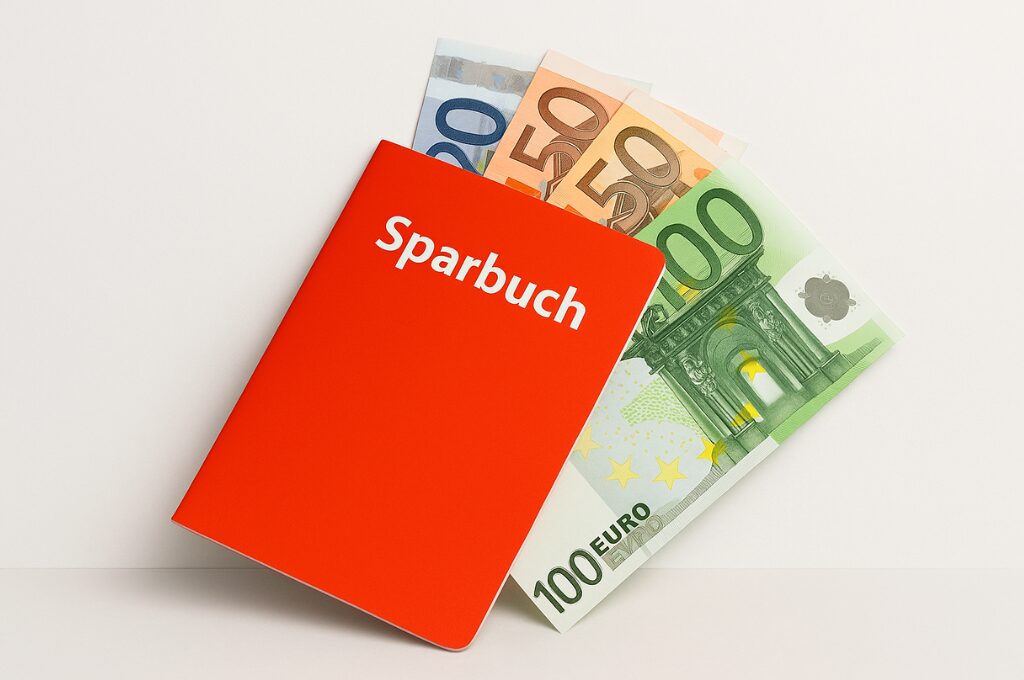 Sparbuch, KI generierte Abbildung von einem roten Sparbuch und 4 Euroscheinen