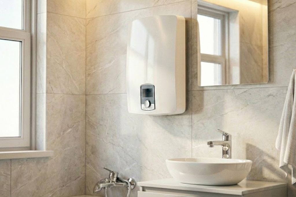 Warmwasser zentral oder dezentral: Modernes Badezimmer mit Durchlauferhitzer (KI-generiert)