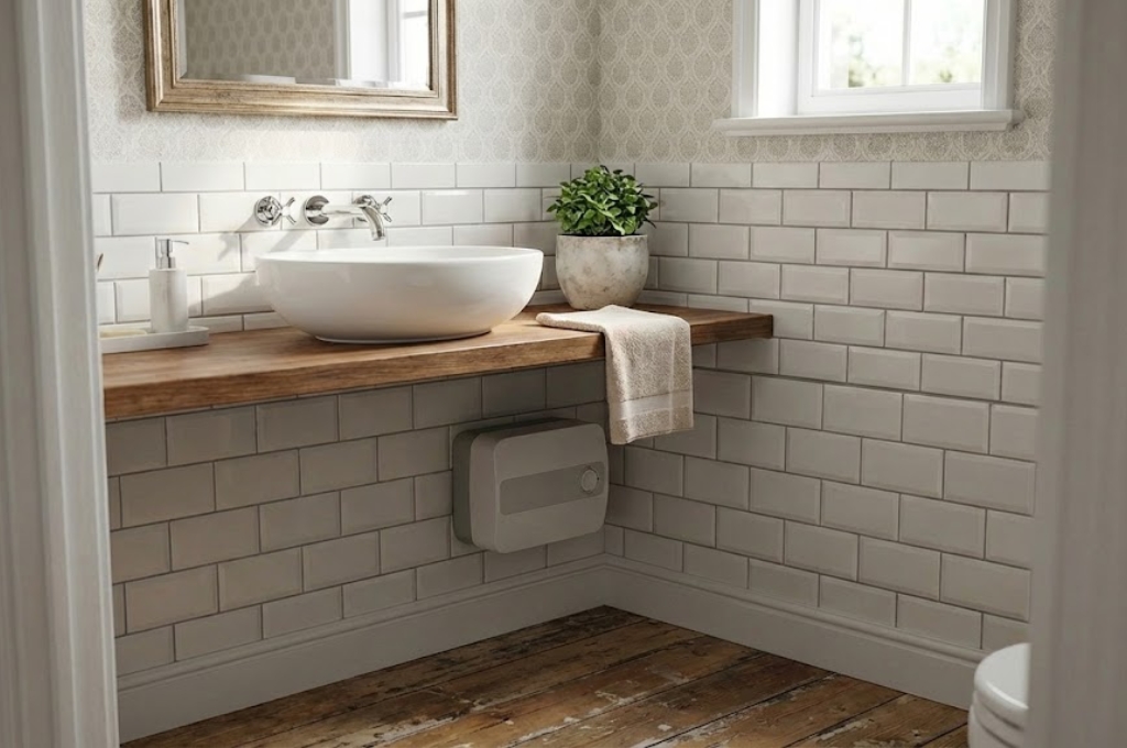 Gäste WC mit Waschtisch, darunter ein Kleindurchlauferhitzer. Bild mithilfe von KI generiert.