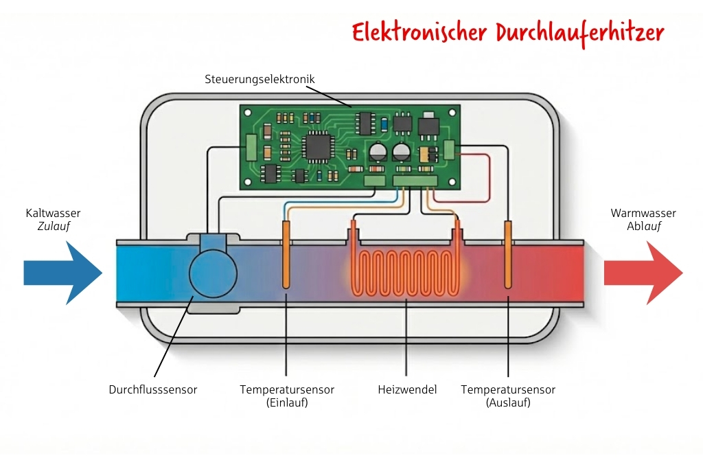 Schematischer Aufbau eines elektronischen Durchlauferhitzers. Infografik erstellt mithilfe von KI.