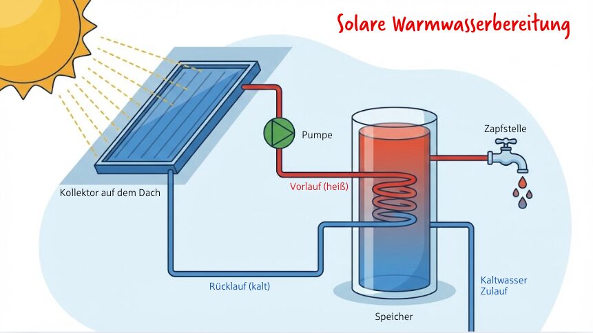 Infografik Solare Warmwasserbereitung Kreislauf (Solarthermie)