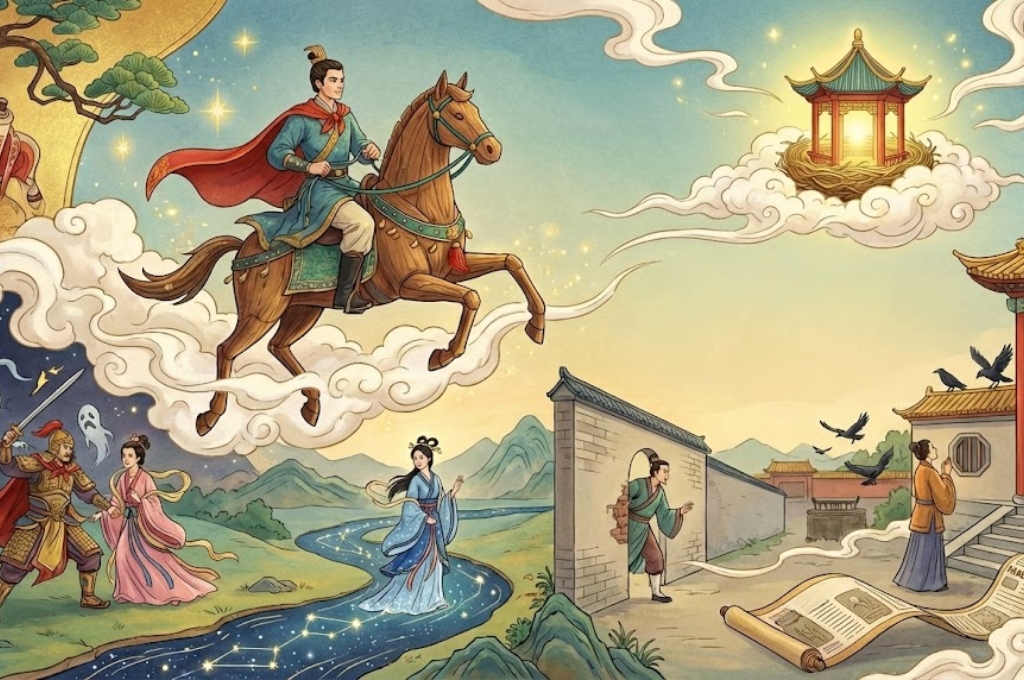 Märchenhafte Kulisse mit fliegendem Pferd, chinesisch angehaucht, Comic-Style (Hamburg im März)