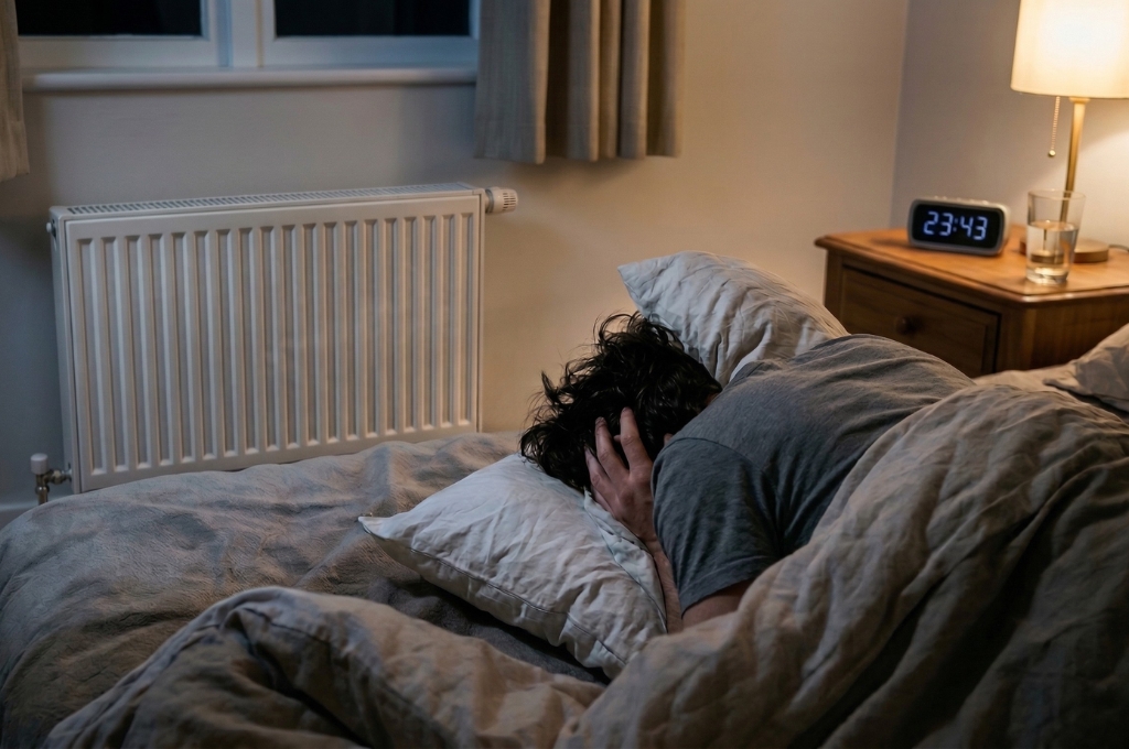 Heizung pfeift: Mann liegt im Bett und h&auml;lt sich die Ohren zu (KI-generiert)