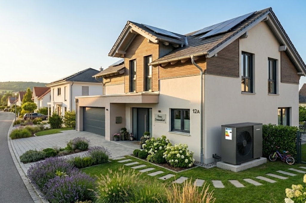 Energielabel Heizung auf einer W&auml;rmepumpe, Einfamilienhaus mit W&auml;rmepumpe, Nachbarschaft (KI-generiert)