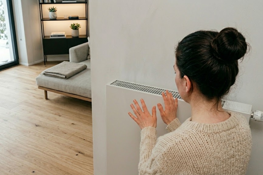 Wie funktioniert eine Heizung? Frau in Wollpulli wärmt sich an Heizkörper (KI-generiert)