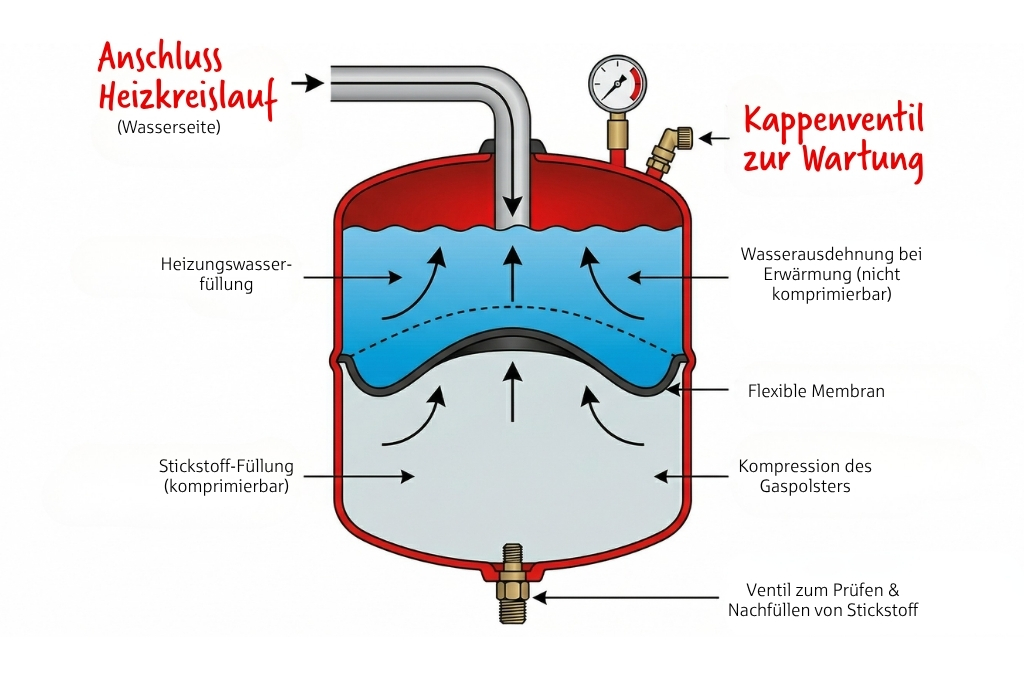 Grafik Funktion eines Ausdehnungsgefäßes (Heizung), (KI-unterstütze)