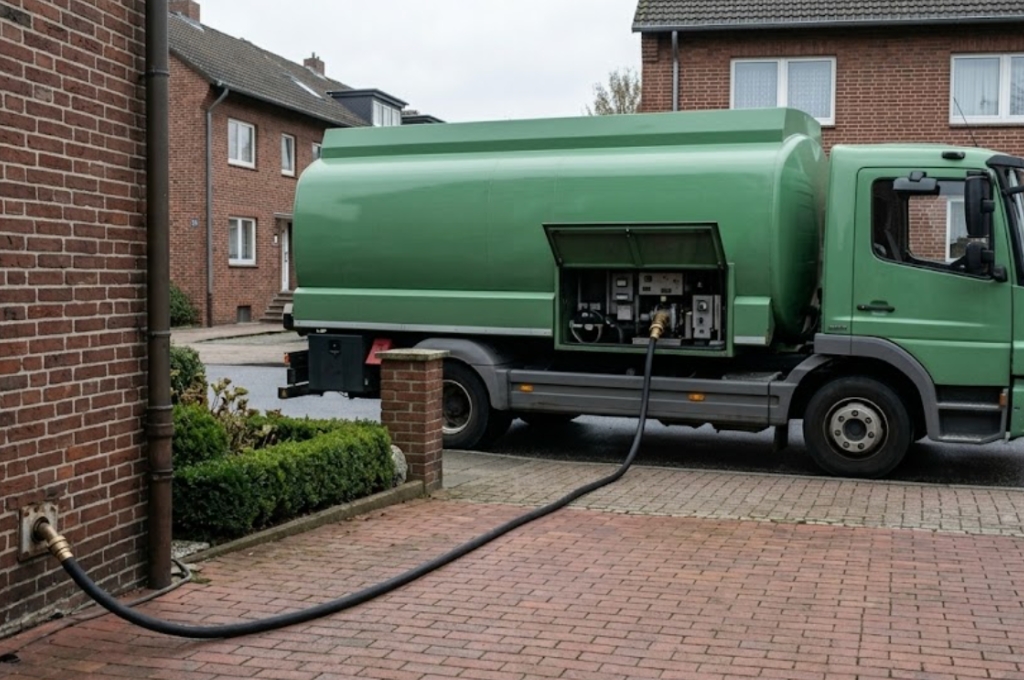 Ein grüner Heizöl-Tankwagen befüllt die Tankanlage eines Einfamilienhauses: Ölheizung austauschen 2026