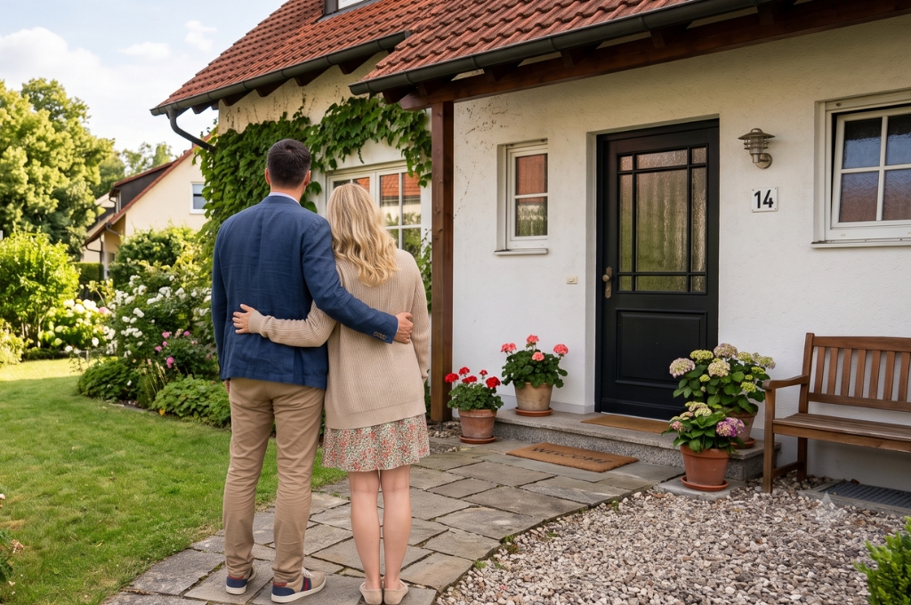 Ein Paar steht vor einem Haus (Haus geerbt), KI generiert.