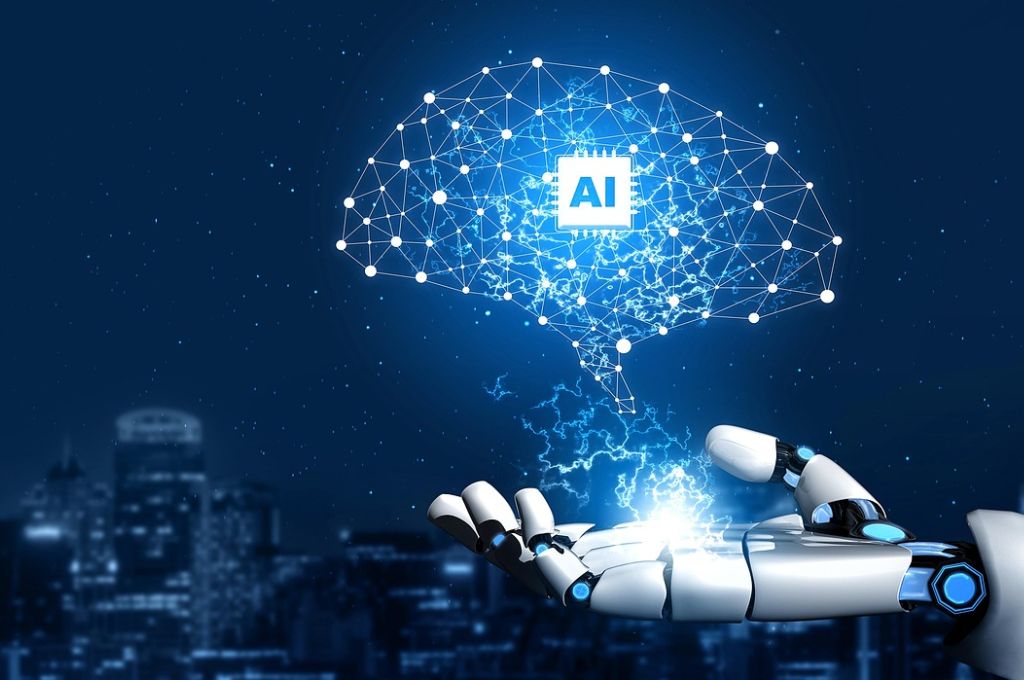 Hand eines Roboters vor blauem Hintergrund mit Datenwolke und AI