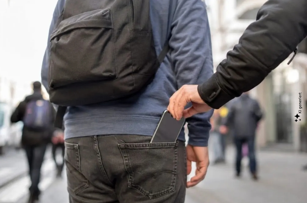 Taschendiebstahl: Ein Mann zieht einem anderen Mann ein Handy aus der Tasche (KI-generiert)