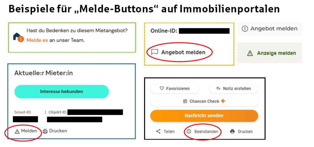 Betrug auf dem Wohnungsmarkt: Beispiele für Melde Buttons